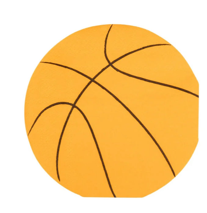 Basketball-shaped napkins, perfect for kids' parties, adding a fun touch to your event. Each package includes 24 paper napkins, measuring 5" x 5