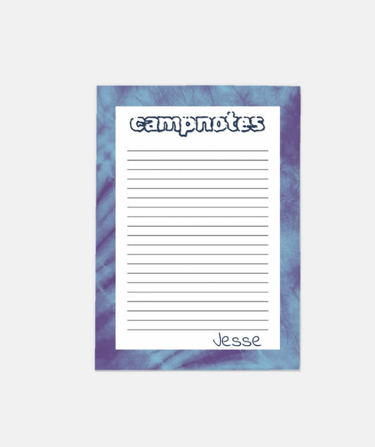 Personalized Blue Tie-Dye Stationery Set: 10 custom notecards with envelopes for kids at camp. Features your child’s name, lined for easy writing, and a vibrant tie-dye design. Perfect for sending camp updates and keeping in touch.