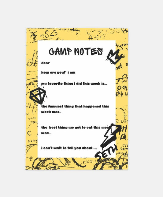 Pack of 10 Yellow Graffiti Camp Notes fill-in stationery cards and envelopes. Each A7 size flat notecard measures 5" x 7" and is digitally printed on smooth, heavyweight paper. Perfect for personalized notes and correspondence.