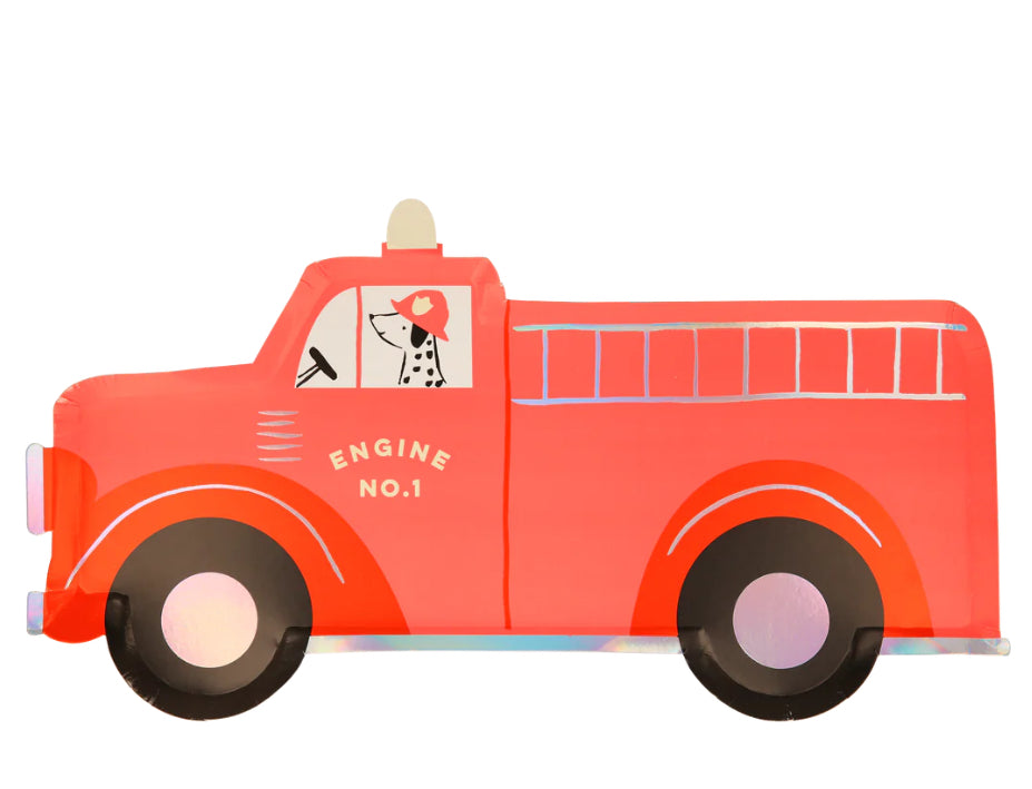 Detailed fire truck napkins with vibrant colors and cute Dalmatian design, perfect for loading up with snacks at fire-themed birthday parties and celebrations.
