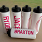 Stylish baseball-themed water bottles with pull-top caps for easy drinking, available in various colors and fonts. Perfect for sports teams, picnics, and field trips