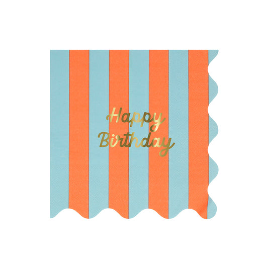 Colorful striped napkins with gold foil 'Happy Birthday' text, wavy edges, pack of 16.