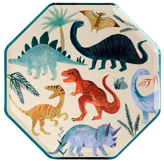 Dinosaur Kingdom Paper Dinner Plates with Brilliant Dinosaur Illustrations and Copper & Green Foil Detail, Perfect for a Jurassic Party, Pack of 8, 10.25 x 10.25 Inches.