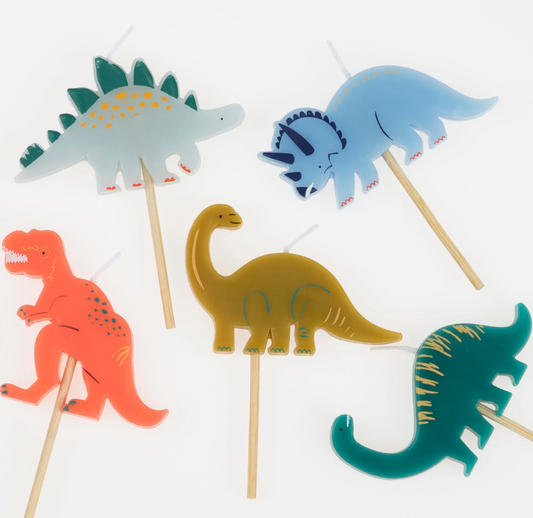 Dinosaur-Themed Party Candles Featuring Stegosaurus, Brachiosaurus, T-Rex, Diplodocus, and Triceratops on Wooden Sticks, 5 Unique Designs, 3.25 Inches Tall.