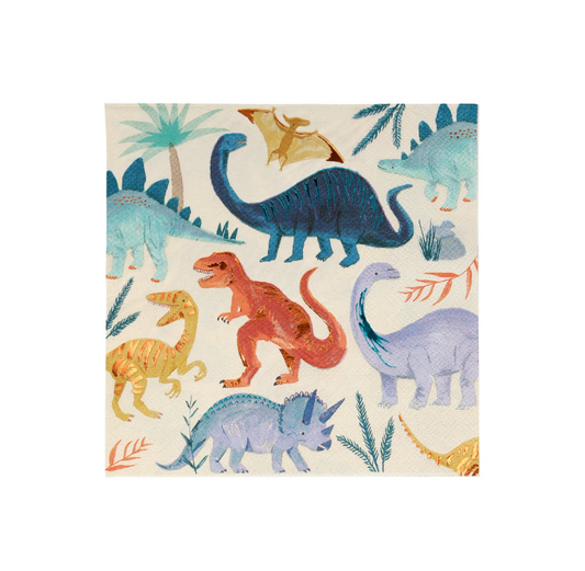 Large Dinosaur Kingdom Napkins Featuring Colorful Dinosaurs with Copper and Green Foil Details, Perfect for a Dinosaur Party, Pack of 16, 6.5 x 6.5 Inches.