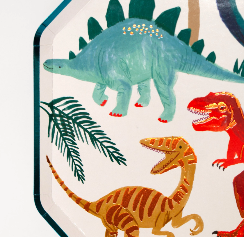 Dinosaur Kingdom Paper Dinner Plates with Brilliant Dinosaur Illustrations and Copper & Green Foil Detail, Perfect for a Jurassic Party, Pack of 8, 10.25 x 10.25 Inches.