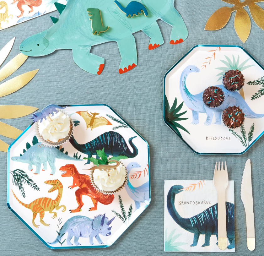 Dinosaur Kingdom Paper Dinner Plates with Brilliant Dinosaur Illustrations and Copper & Green Foil Detail, Perfect for a Jurassic Party, Pack of 8, 10.25 x 10.25 Inches.