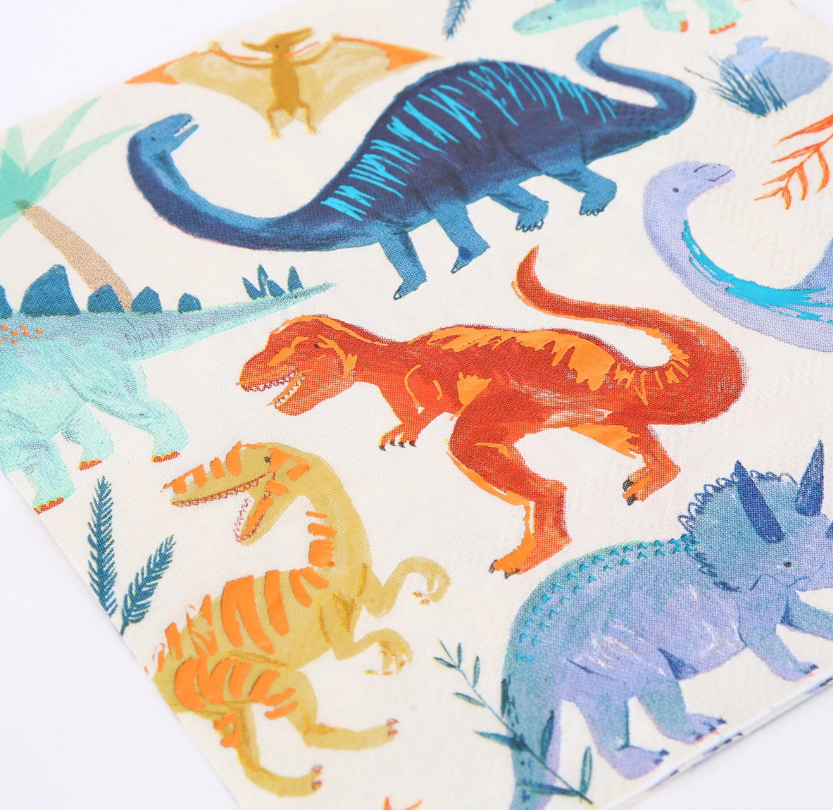 Large Dinosaur Kingdom Napkins Featuring Colorful Dinosaurs with Copper and Green Foil Details, Perfect for a Dinosaur Party, Pack of 16, 6.5 x 6.5 Inches.