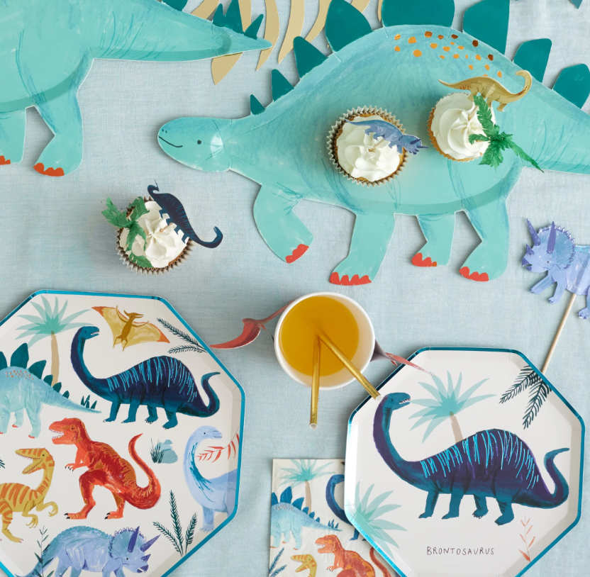 Large Dinosaur Kingdom Napkins Featuring Colorful Dinosaurs with Copper and Green Foil Details, Perfect for a Dinosaur Party, Pack of 16, 6.5 x 6.5 Inches.