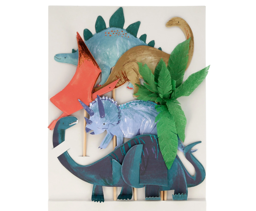 Dinosaur Cake Toppers Set with 5 Colorful Dinosaurs and a Crepe Paper Palm Tree, Perfect for Transforming a Birthday Cake into a Jurassic Feast.