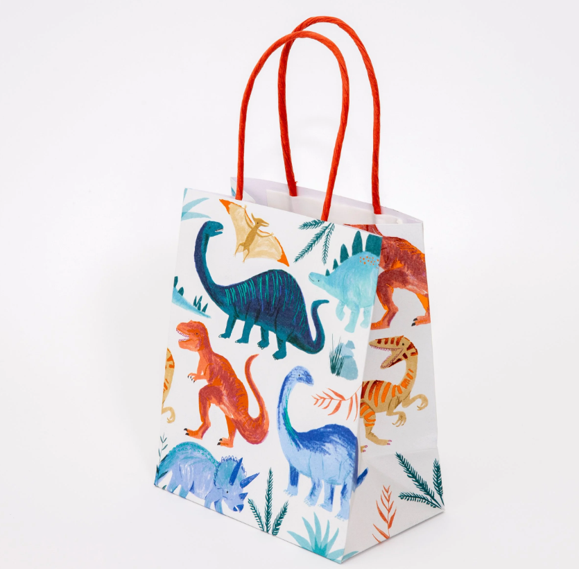 Dinosaur Kingdom Party Bags with Colorful Dinosaur Illustrations and Twisted Paper Handles, Perfect for Party Favors, Pack of 8, 5 x 6 x 3 Inches.