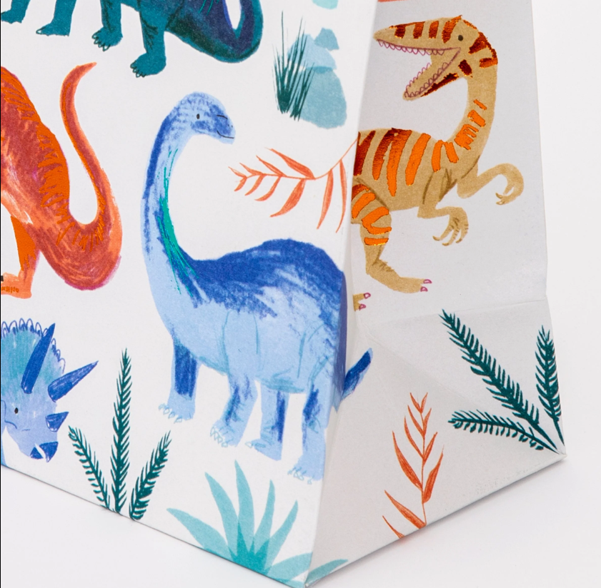 Dinosaur Kingdom Party Bags with Colorful Dinosaur Illustrations and Twisted Paper Handles, Perfect for Party Favors, Pack of 8, 5 x 6 x 3 Inches.