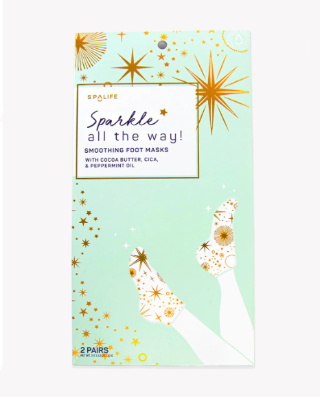 Holiday Sparkle All the Way Smoothing Foot Masks designed to hydrate and smooth dry, cracked feet, offering a festive foot care treatment for soft, silky skin, perfect for holiday self-care or gifting.