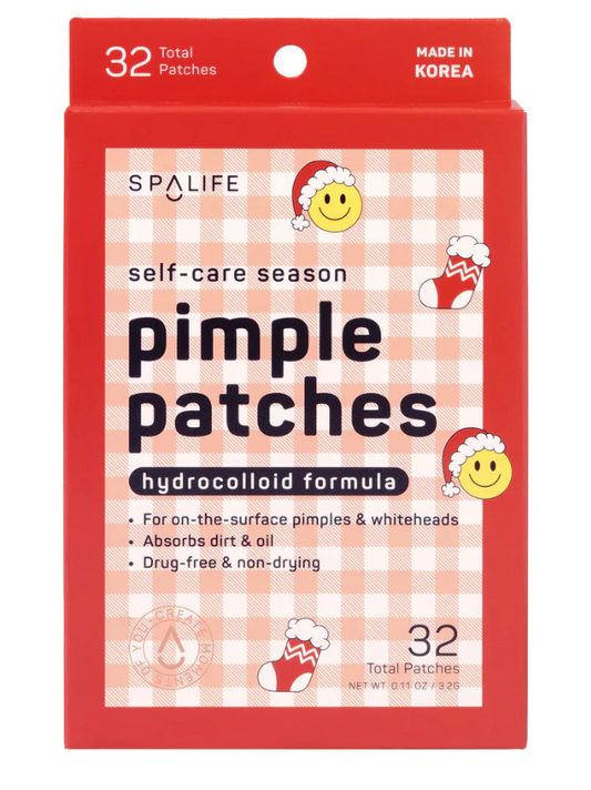 Holiday-themed hydrocolloid pimple patches designed to absorb impurities and reduce the appearance of blemishes, providing festive and effective acne care perfect for the holiday season or as a cute skincare gift.