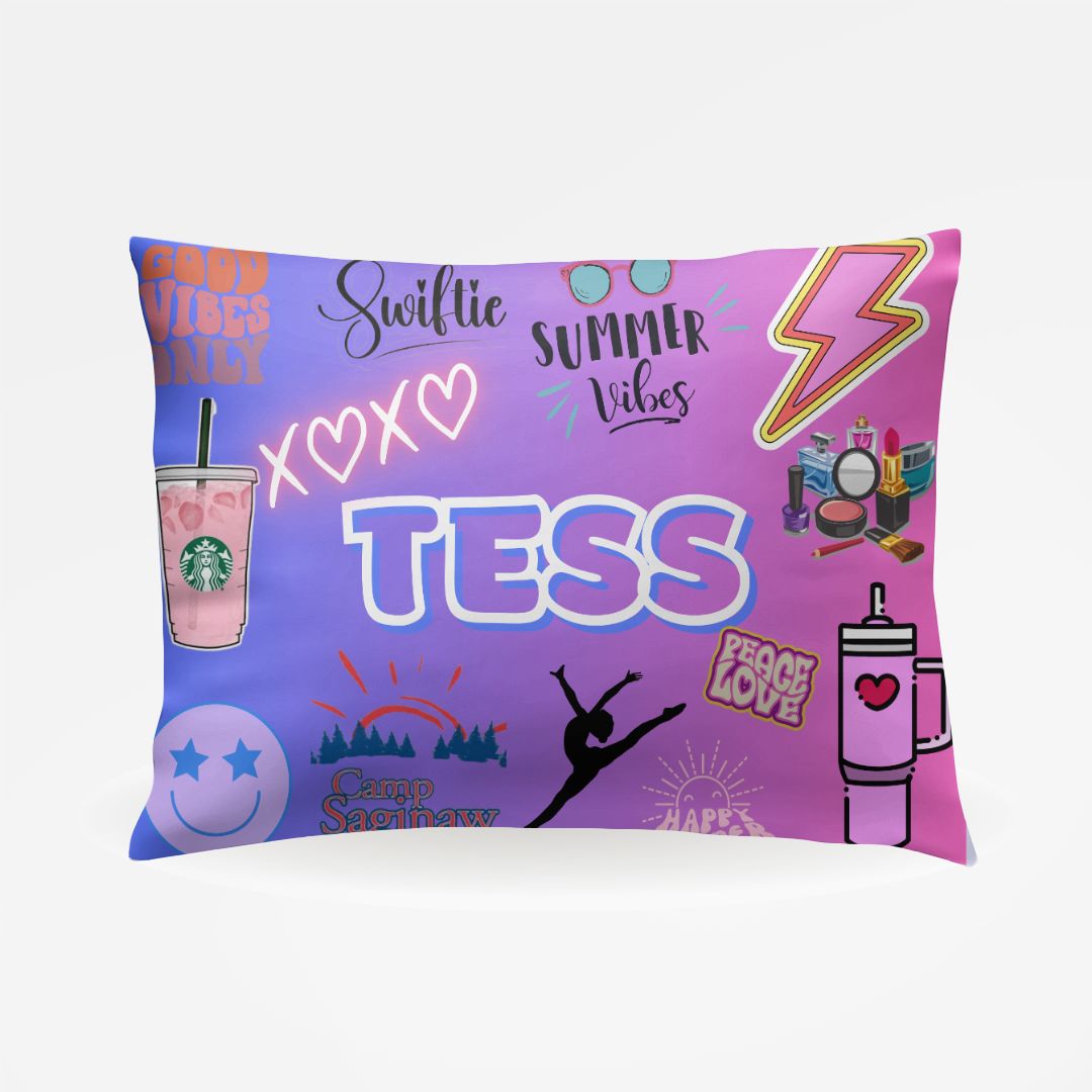 Personalized sleepaway camp pillowcase, fits standard 20"x30" pillows, silky smooth microfiber, perfect bunk decor. Customize with name, camp details, and favorite icons. Available in various fonts and colors. Ideal for adding a personal touch to camp beds."