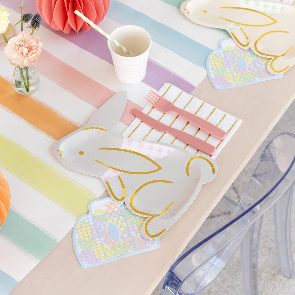 Bunny-shaped plates with gingham bandanas and gold foil accents, pack of 8, 10.5x7.5 inches; ideal for spring celebrations, 4 colors, 2 of each.