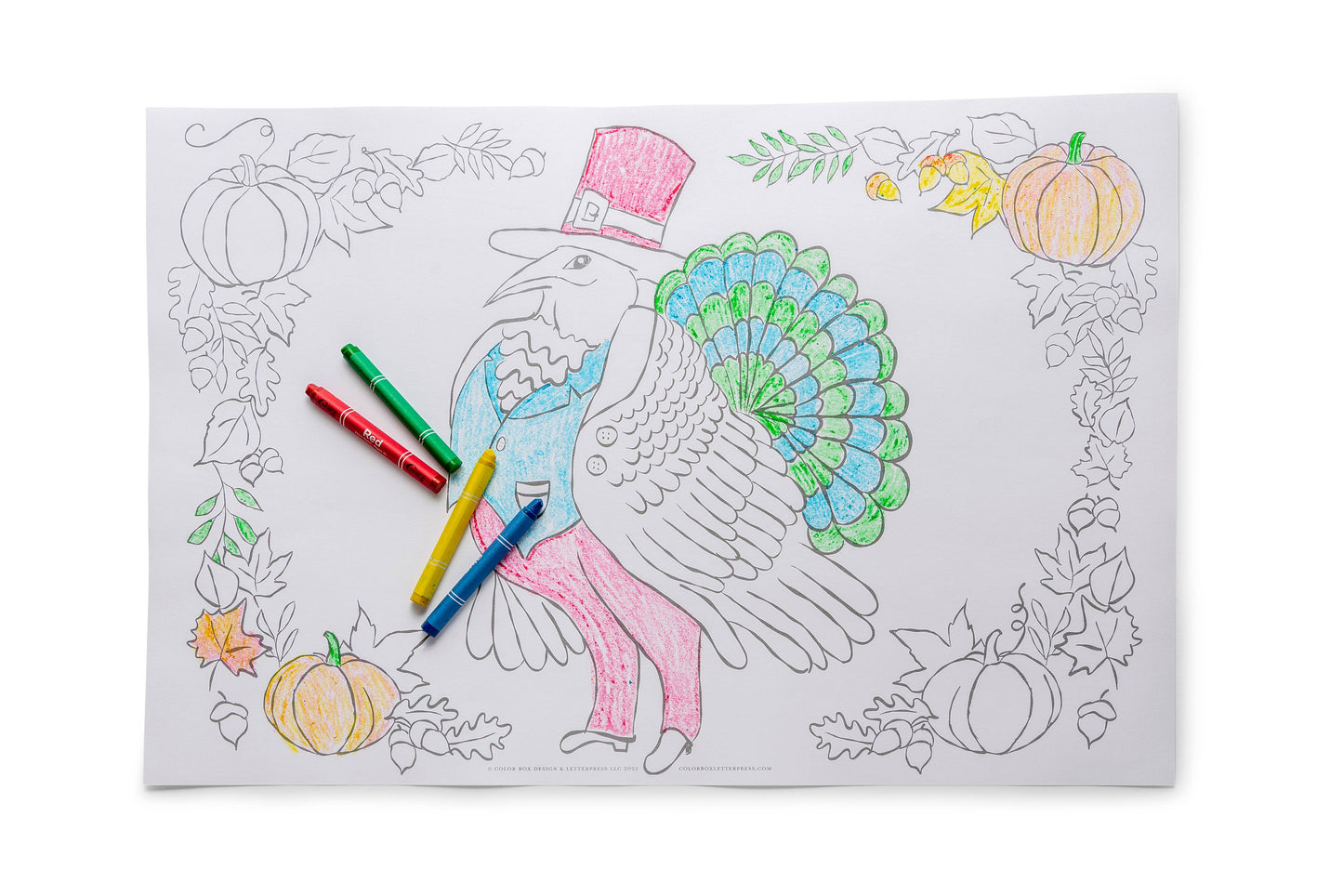 Kids' coloring place mats with charming illustrations, perfect for holiday gatherings. Set of 6, 12"x18" sheets with 6 sets of crayons (4 crayons per set), providing hours of creative fun at the kids' table. Packaged in a sealed cello sleeve.