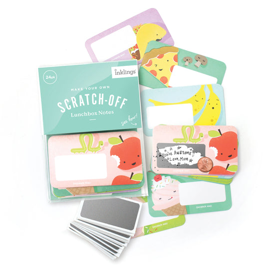 Set of 24 assorted 2” x 3.5” scratch-off cards featuring six animated animal friends with space to write your own hidden message. Includes 24 scratch-off stickers and packaged in a clear plastic box. Fun and interactive cards for kids, party favors, or personalized notes.