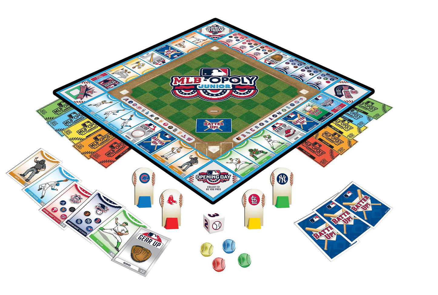 MLB® Opoly Jr. board game with static-cling stickers, create custom playing pieces, collect teams & earn money!