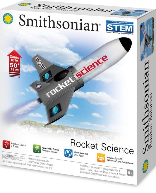 STEM rocket kit with fuselage, wing assembly, and launch tube for hands-on learning with baking soda and vinegar, ages 8+