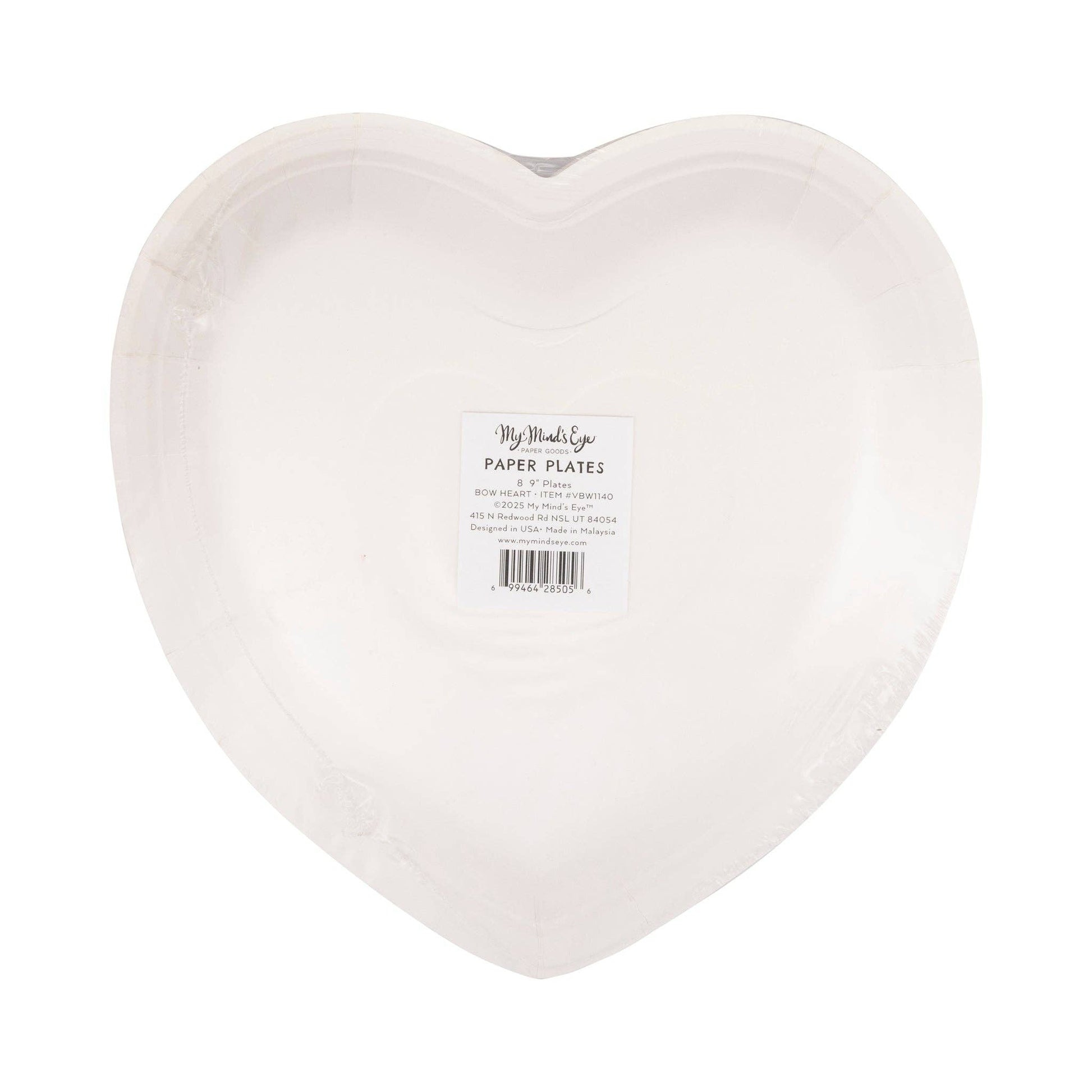 Tied Bow Heart Plates, 8 heart-shaped paper plates per pack, 9 x 9 inches, perfect for Valentine's Day celebrations or romantic dinners.