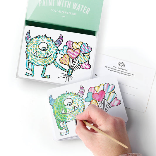 Paint With Water Valentine Cards: 18 vibrant, interactive cards with painting tools for a fun and creative Valentine's gift. Featuring a friendly monster with balloons!