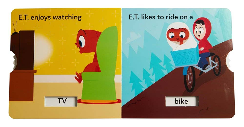 E.T.'s First Words board book for early learners with interactive wheels for language development, featuring iconic scenes from E.T. the Extra-Terrestrial. Kids learn words like 'read,' 'candy,' and 'home' in a playful, nostalgic format.