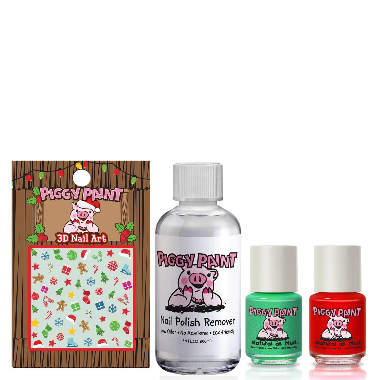  Christmas Cutie Nail Set featuring two festive, non-toxic nail polish colors, a gentle nail polish remover, and holiday-themed nail art, perfect for kids and safe for use during pregnancy. Vegan, cruelty-free, and made in the USA.