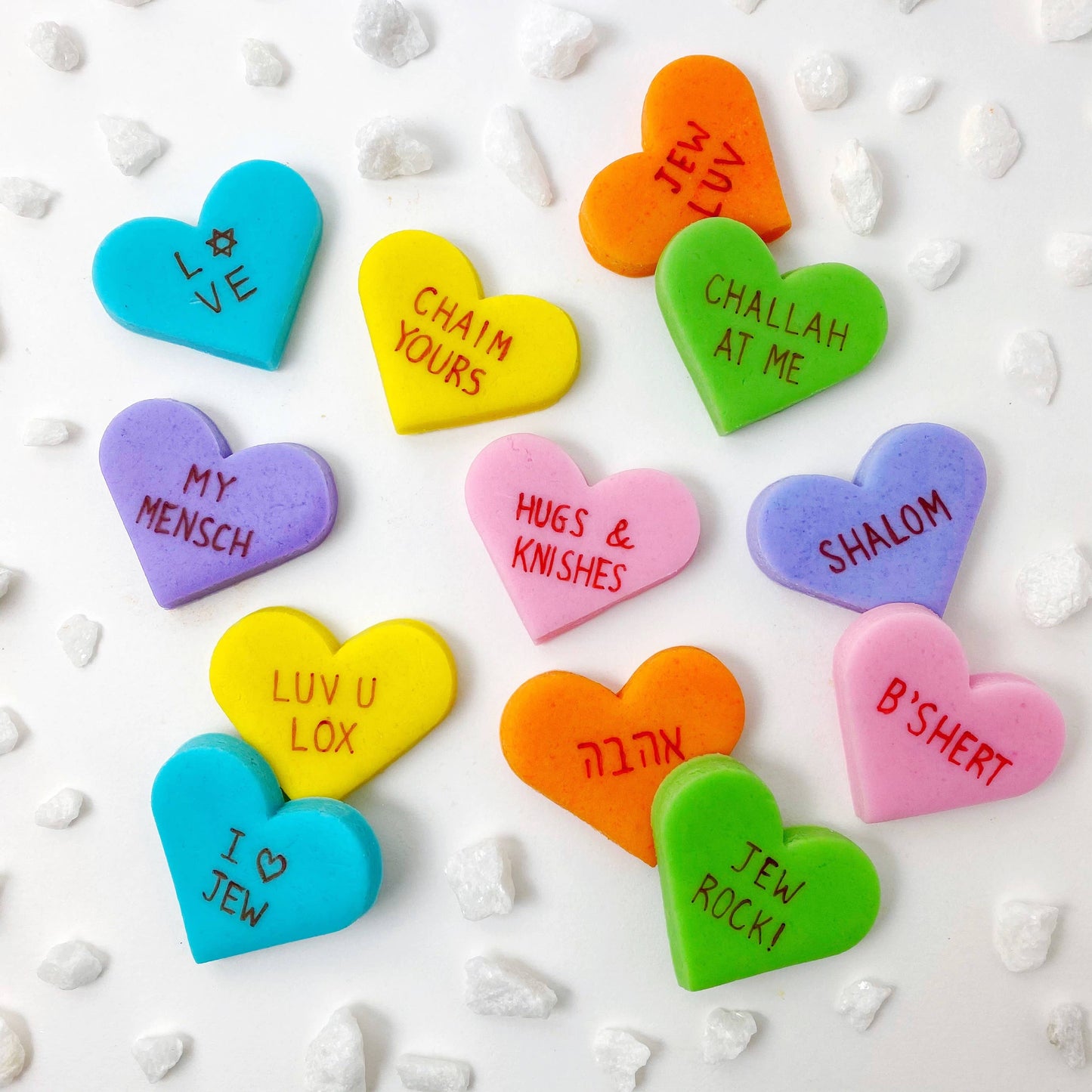 Kosher marzipan candy hearts, Jewish love sayings, almond flavor, gift boxes, 12-pack, Valentine's Day.