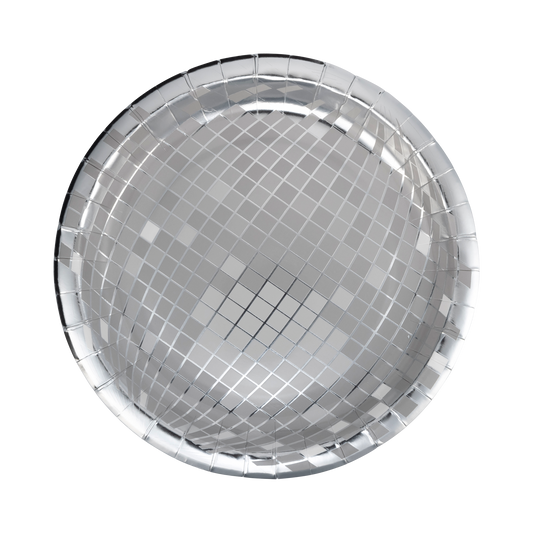 Silver Disco 9" Party Plates featuring a stylish design with silver foil, perfect for New Year's celebrations and festive occasions. Includes 8 plates per pack.