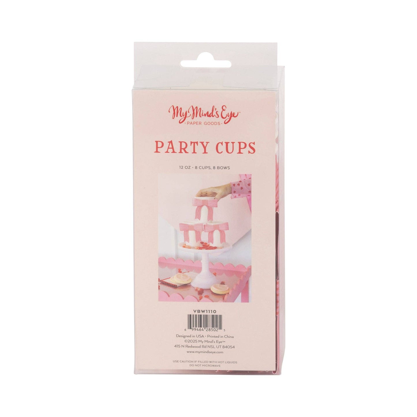 Valentine's Bow Party Cups, 8 cups per pack, 12 oz, 4.5" tall, with adhesive paper bow for a charming touch to your celebration.