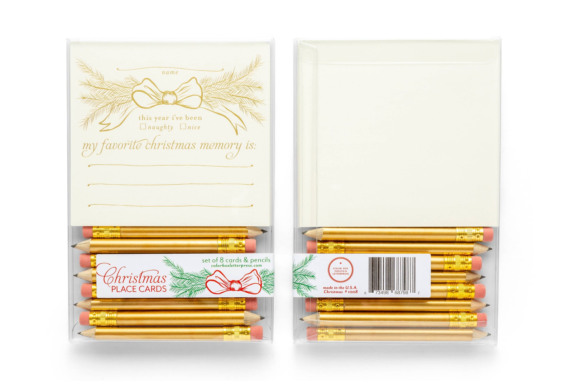 Interactive Christmas dinner party place cards with mini gold pencils, designed to spark holiday conversations and memories. Set of 8 foil-printed flat cards (4"x3.75") in a clear box, perfect for seating arrangements and table decor during festive gatherings.