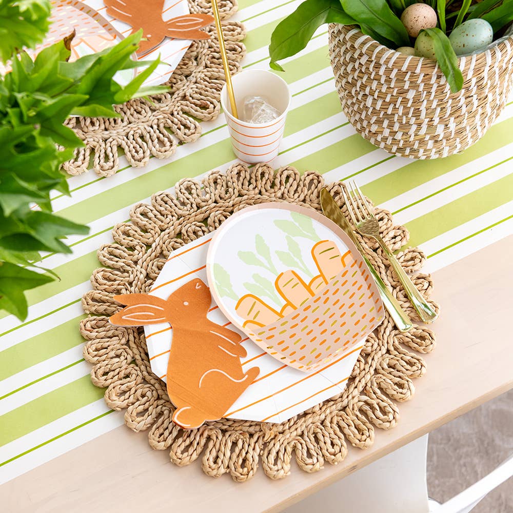 Springtime carrot basket plates with gold foil accents, 8-pack, 8x6.25 inches; playful addition to Easter tables, illustrated by Daydream Society.