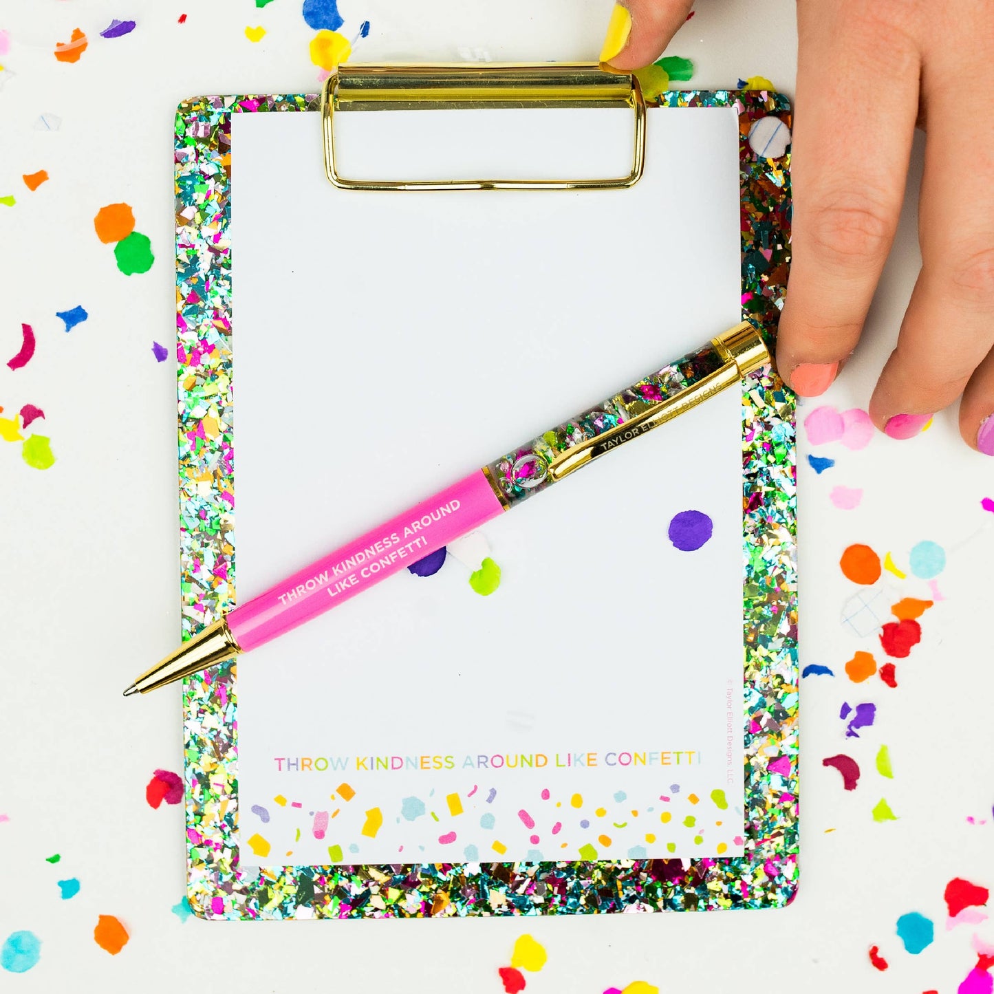 Colorful confetti desk collection with acrylic clipboard, notepad, and more, perfect for home, office, and school, featuring 'Throw Kindness Around Like Confetti'.