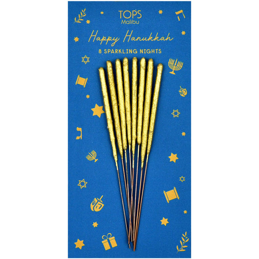 8 golden sparklers for Festival of Lights, ideal for Hanukkah decor, cake toppers, and party favors. Handcrafted 4” sparklers made by artisans in the USA/Europe, producing clean-burning golden sparkles for memorable, Instagram-worthy celebrations.