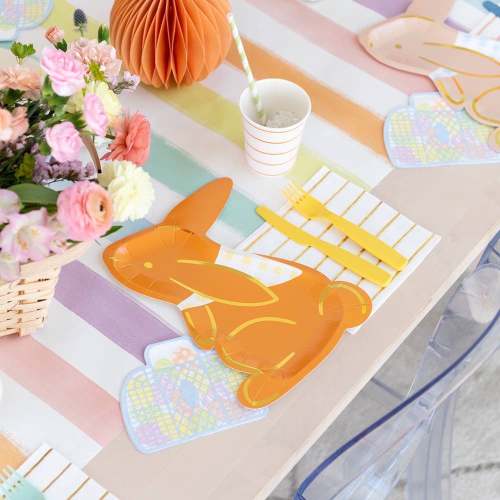 Bunny-shaped plates with gingham bandanas and gold foil accents, pack of 8, 10.5x7.5 inches; ideal for spring celebrations, 4 colors, 2 of each.