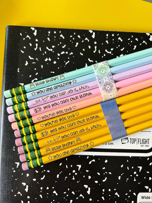 Set of 5 engraved pencils in pastel colors, featuring motivational phrases: "You are amazing," "Stay Sharp," "You can do it, bruh," "Yes you can! True story," and "You've got this." Ideal for back-to-school gifts.