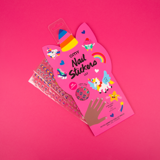 Lily the Unicorn nail stickers for kids, featuring 200 easy-to-use stickers that fit hands of all sizes. Durable for 1-2 days and hand-wash safe, perfect for imaginative play and unicorn-themed parties. Fun nail art set for kids, packaged in a 28 x 11 cm envelope.