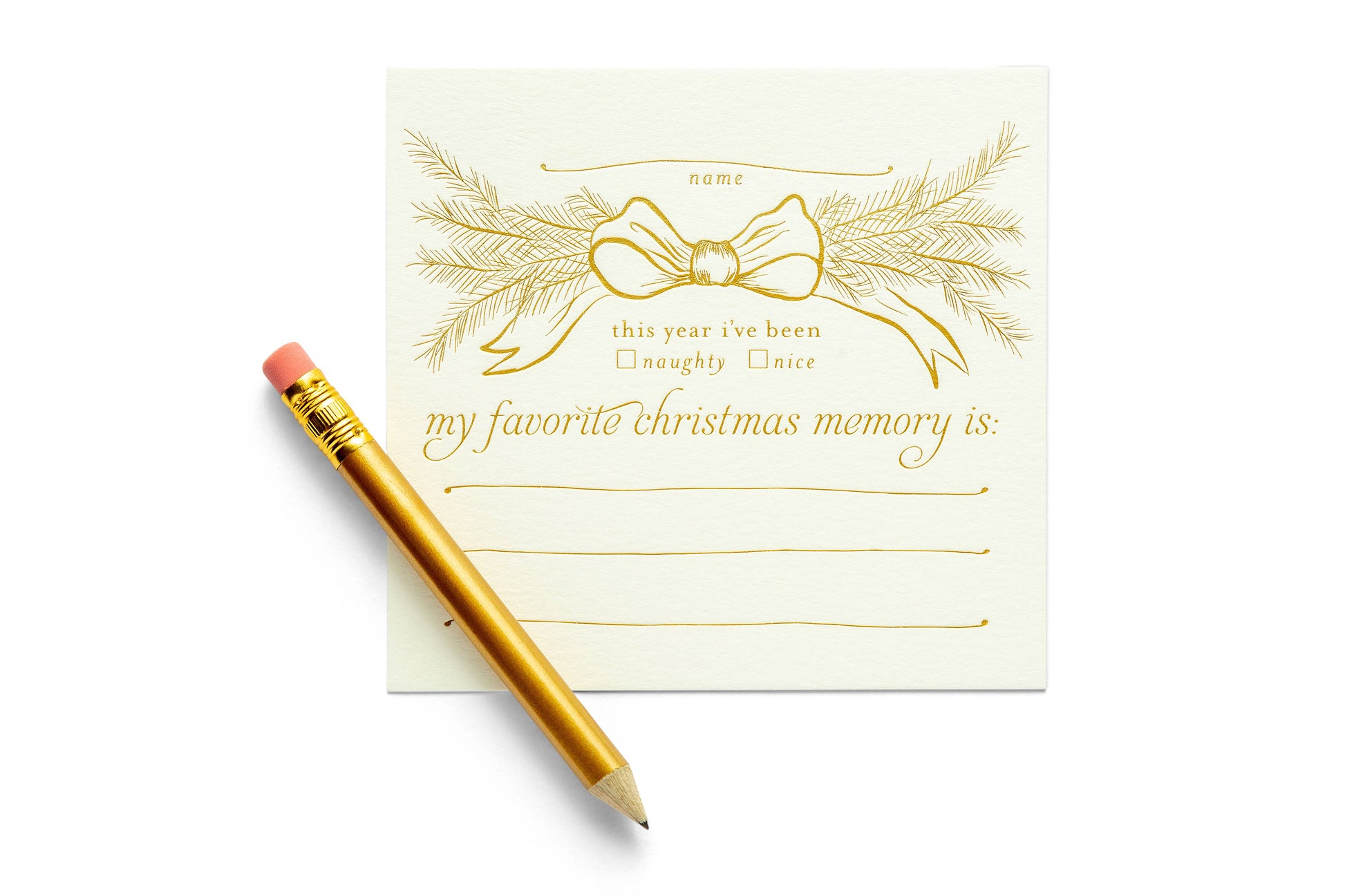 Interactive Christmas dinner party place cards with mini gold pencils, designed to spark holiday conversations and memories. Set of 8 foil-printed flat cards (4"x3.75") in a clear box, perfect for seating arrangements and table decor during festive gatherings.