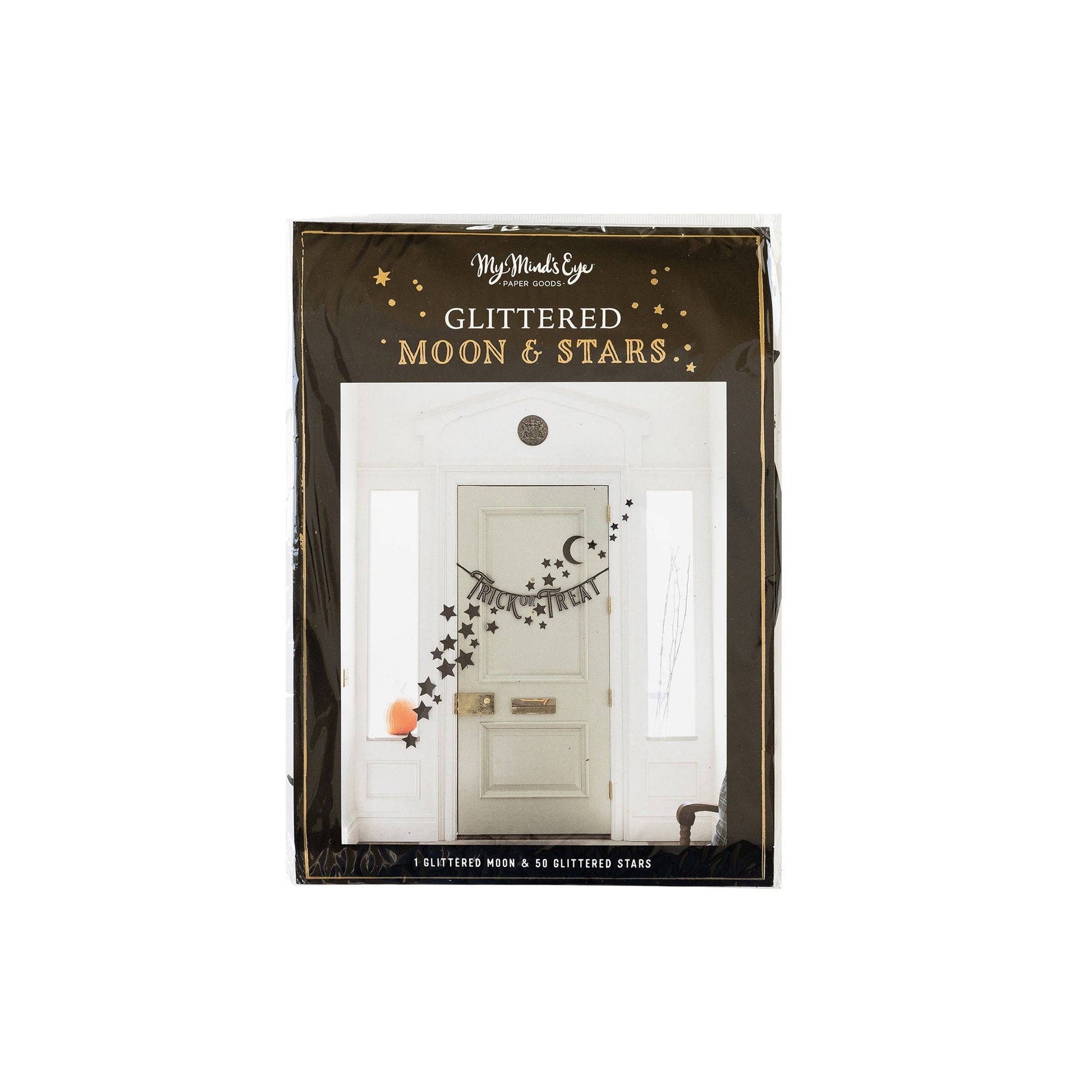 Black glitter star and moon wall décor, featuring 50 shimmering stars and 1 crescent moon, perfect for adding a magical touch to Halloween-themed spaces.