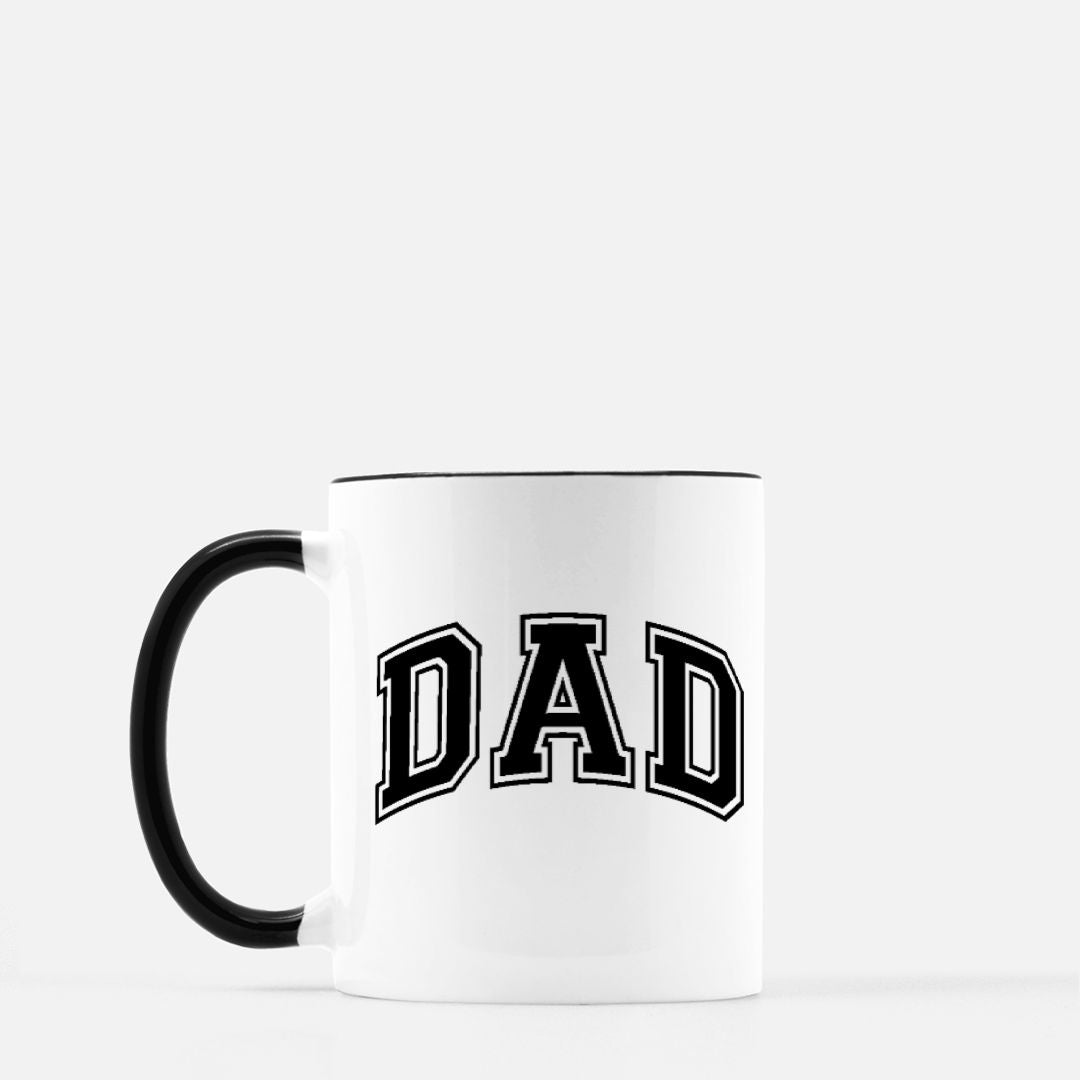 White ceramic mug, black handle and interior, perfect for coffee, tea, or lattes, available in one or two-sided designs, 11 oz capacity, 3.75" tall x 3.25" wide, dishwasher safe, microwave safe, classic style for daily use, ideal gift or personal use.