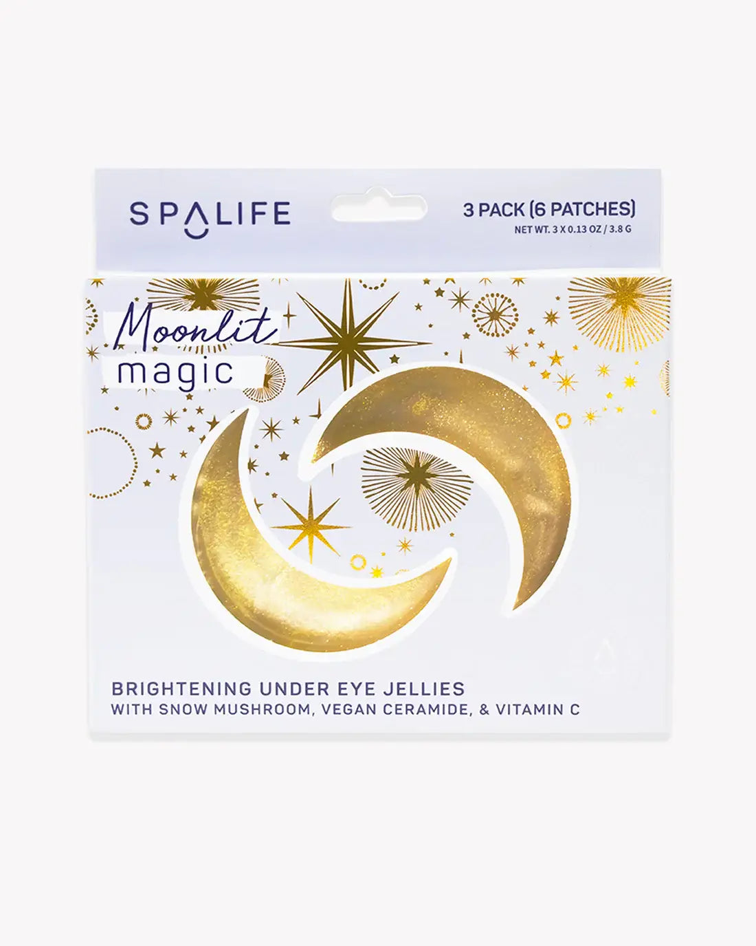 Moon-shaped under-eye masks infused with snow mushroom, vegan ceramide, and vitamin C to hydrate, brighten dark circles, and give a radiant, refreshed glow.