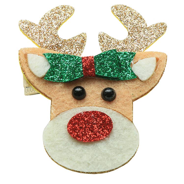 Sparkle Sisters Happy Reindeer Clip featuring a glittery reindeer design. Perfect for adding festive charm to kids’ holiday hairstyles, great for Christmas parties, photos, and everyday wear.