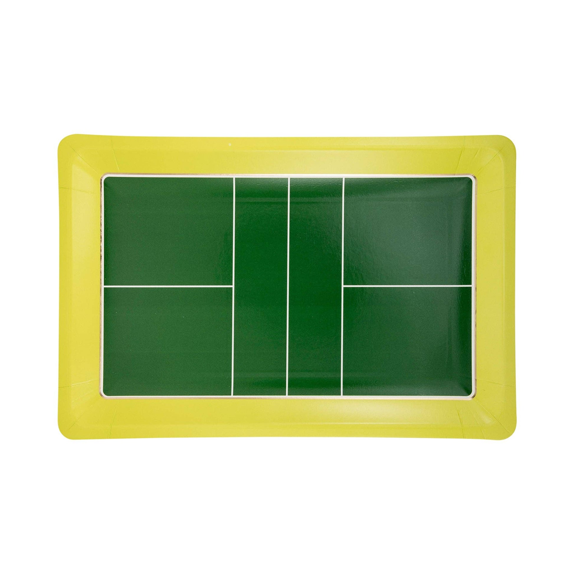 Set of 8 pickleball court plates measuring 11" x 7.25", perfect for serving food at pickleball games or themed parties. These party plates feature a fun design and gold foil accents, adding a touch of style to your gatherings. Ideal for sports enthusiasts, the plates make serving food a delightful experience at any pickleball event. Packaged in sets of three, these plates are a must-have for outdoor game supplies and unique party accessories.