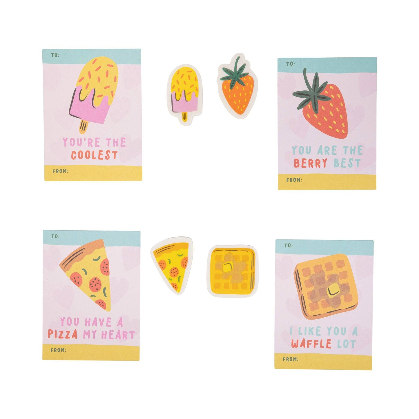 Pizza Valentine's Day cards with fun designs, 12 cards and 12 erasers, perfect for kids to share with friends.