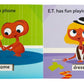 E.T.'s First Words board book for early learners with interactive wheels for language development, featuring iconic scenes from E.T. the Extra-Terrestrial. Kids learn words like 'read,' 'candy,' and 'home' in a playful, nostalgic format.