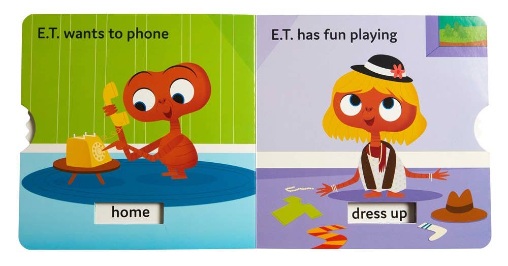 E.T.'s First Words board book for early learners with interactive wheels for language development, featuring iconic scenes from E.T. the Extra-Terrestrial. Kids learn words like 'read,' 'candy,' and 'home' in a playful, nostalgic format.