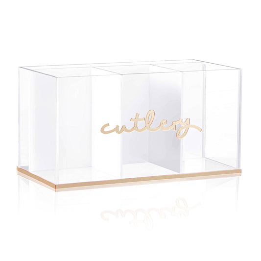 Elegant Classic Silverware Caddy with clear lucite, gold or silver border, 3 compartments.