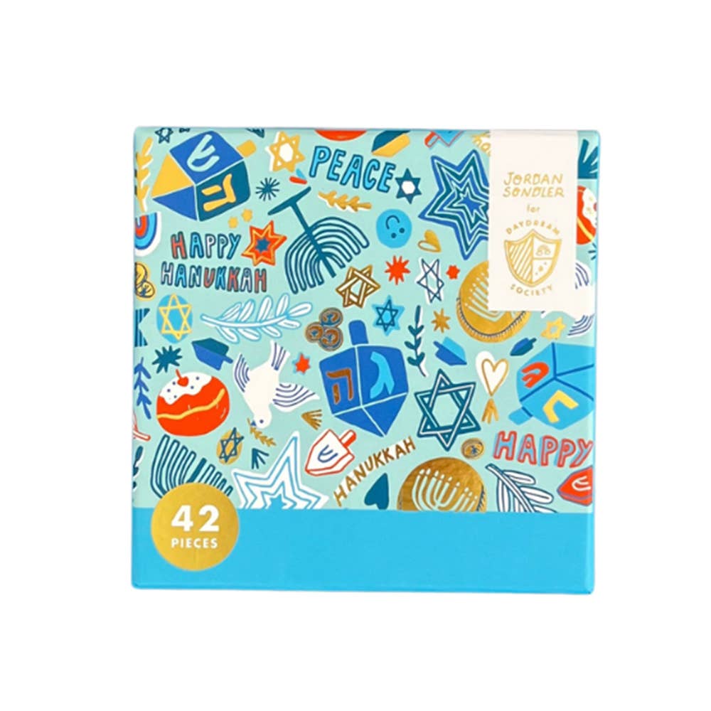 Mini Hanukkah puzzle with gold and silver foil accents, 42 pieces, 6.7x5.5 inches; festive design by Jordan Sondler, perfect for gifts or party favors."