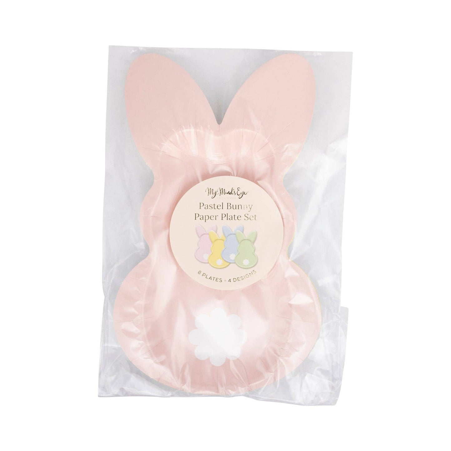 Set of 8 Pastel Bunny Plates – 5.5"x9", shaped with 4 designs, perfect for Easter treats and table decor.